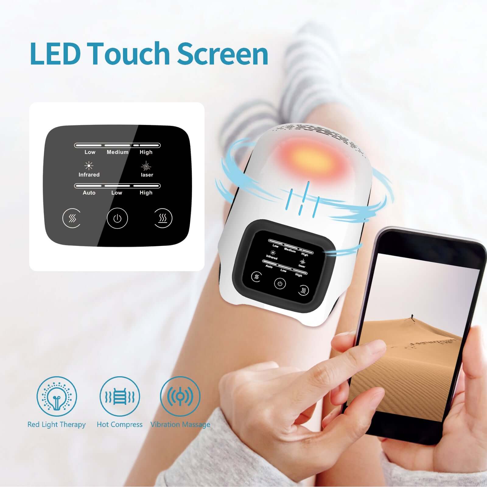 Advanced Laser Knee Massager with digital touch controls and infrared therapy sensors.
