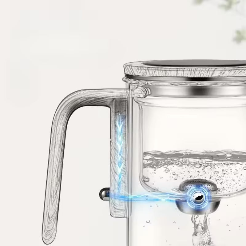 One-Click Magnetic Teapot featuring tea-water separation, a glass body, and a natural wood handle. Premium Lifestyle Gear.