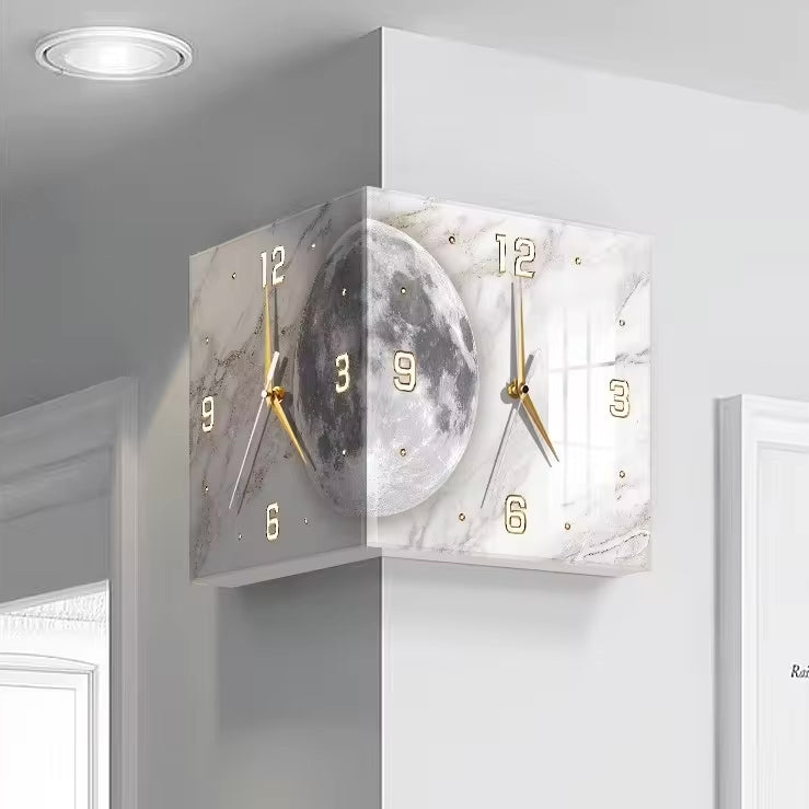 Architectural Corner Clock Light with a 26cm white geometric frame, double-sided LED illumination, and a minimalist clock face mounted in a wall corner.
