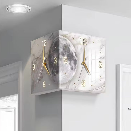 Architectural Corner Clock Light with a 26cm white geometric frame, double-sided LED illumination, and a minimalist clock face mounted in a wall corner.