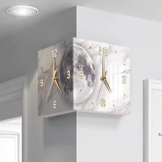 Architectural Corner Clock Light with a 26cm white geometric frame, double-sided LED illumination, and a minimalist clock face mounted in a wall corner.