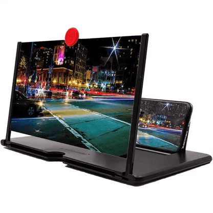 VistaPane HD 12 inch screen magnifier showcasing a smartphone screen magnification with night city view.