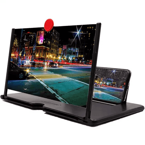 VistaPane HD 12 inch screen magnifier showcasing a smartphone screen magnification with night city view.
