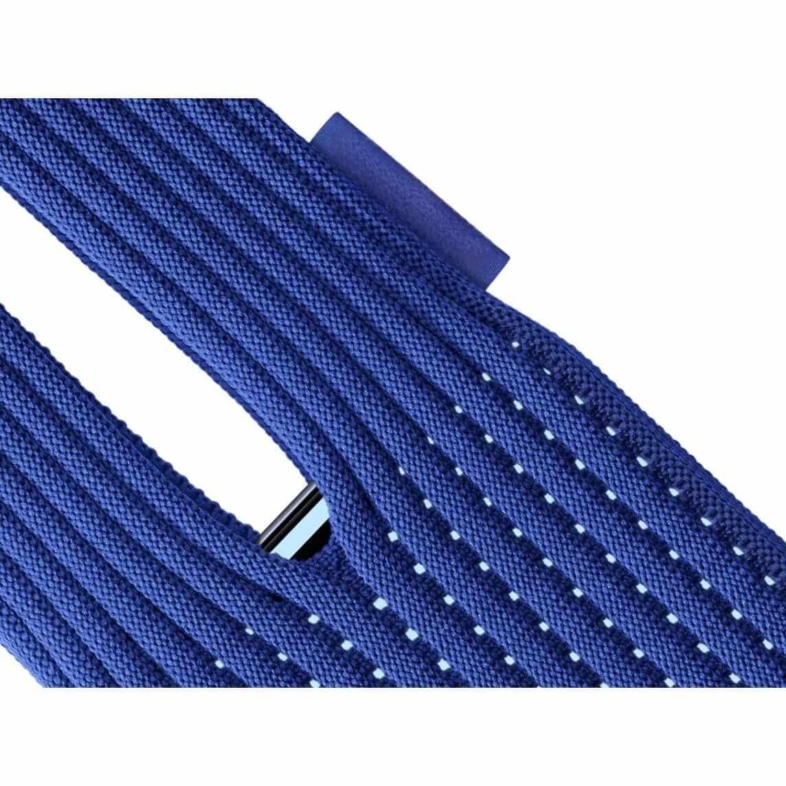 Close-up of the soft knitted ribbed fabric of the Mobile Pocket in blue, showcasing its quality and design.