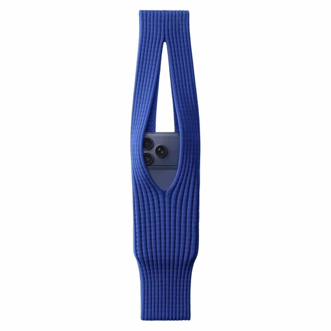 Mobile Pocket in blue knitted ribbed fabric, designed for hands-free carrying of your phone, 40 cm length.