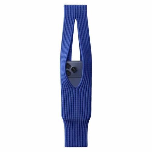 Mobile Pocket in blue knitted ribbed fabric, designed for hands-free carrying of your phone, 40 cm length.