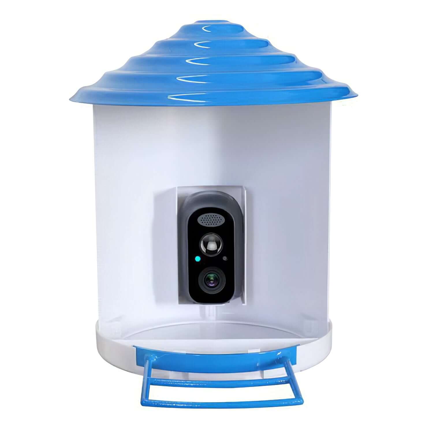 Smart AI Bird Feeder Camera with integrated solar panels and a high-definition lens, mounted in a garden setting.
