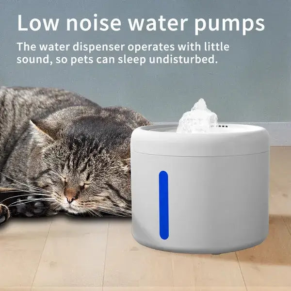 A white Silent Circular Pet Water Fountain showcasing the flowing water stream and compact, modern circular design.