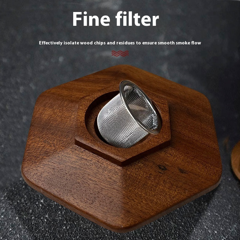Wooden Cocktail Smoker Kit fine filter ensuring smooth smoke flow with walnut hexagonal design.