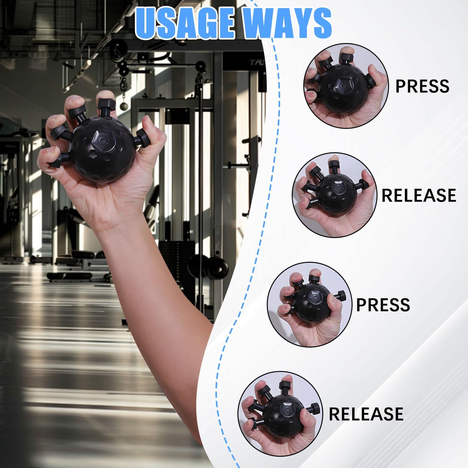 Adjustable Hand Strengthener Ball demonstrated with usage instructions: press and release for effective grip training.