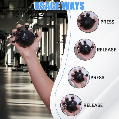 Adjustable Hand Strengthener Ball demonstrated with usage instructions: press and release for effective grip training.