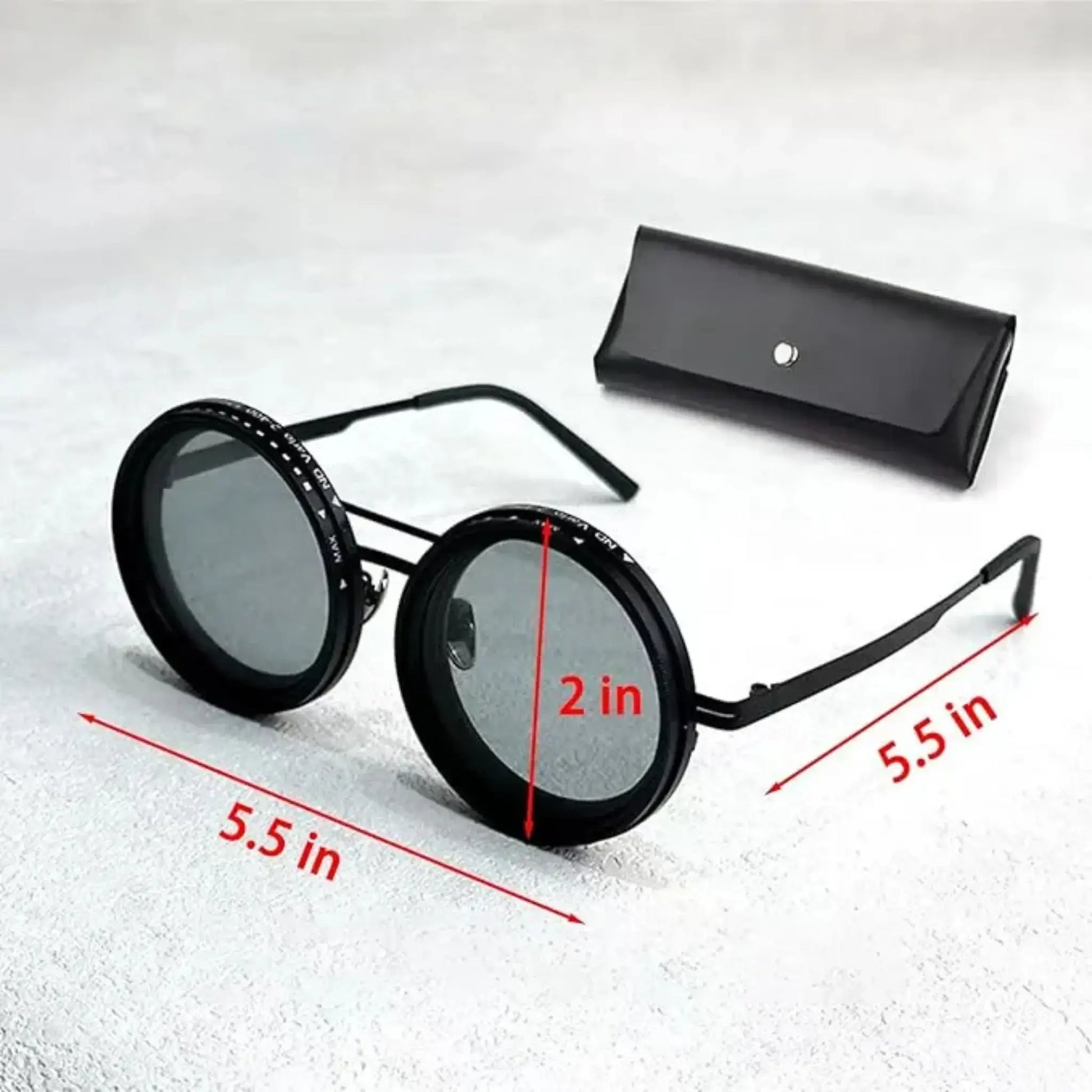 Adjustable Tint Sunglasses: SmartShade HD with round design and case measuring 5.5 in and 2 in dimensions.