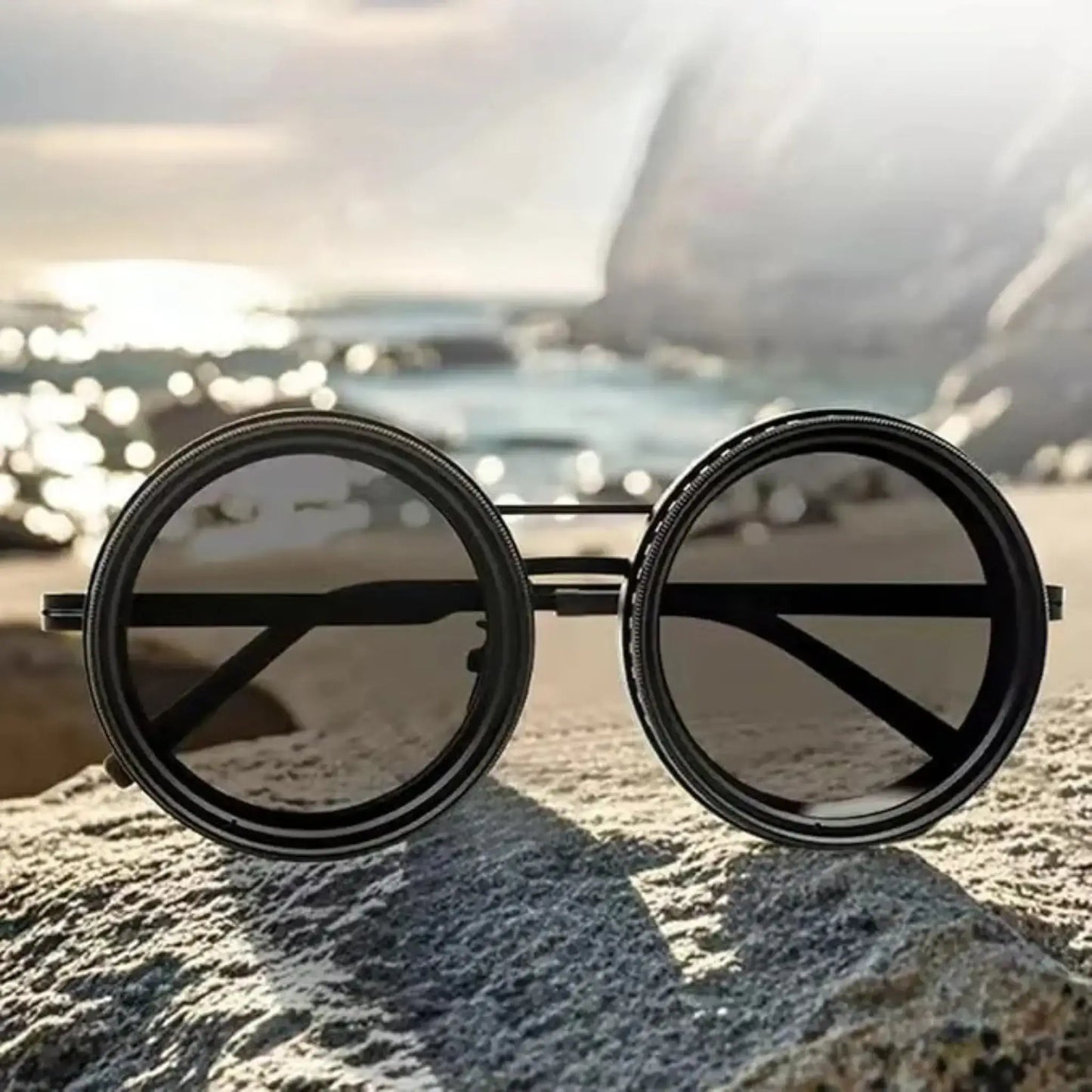 Adjustable Tint Sunglasses: SmartShade HD resting on a rock near water, showcasing their stylish round design.