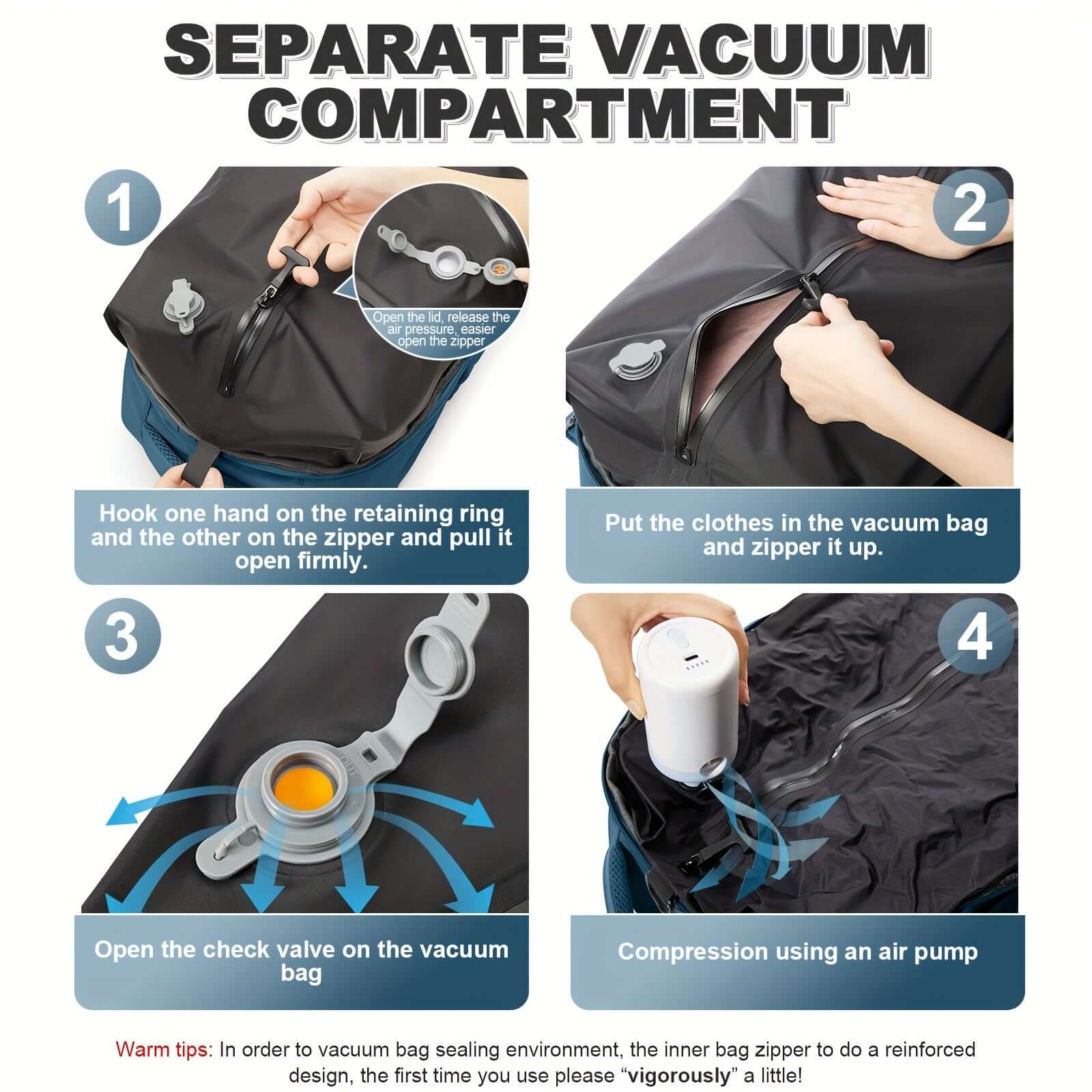 Separate compartment features and instructions for Vacuum Backpack.