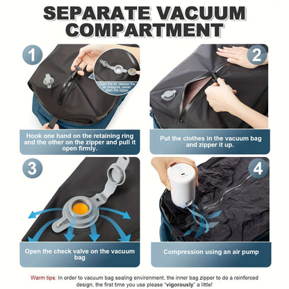 Separate compartment features and instructions for Vacuum Backpack.