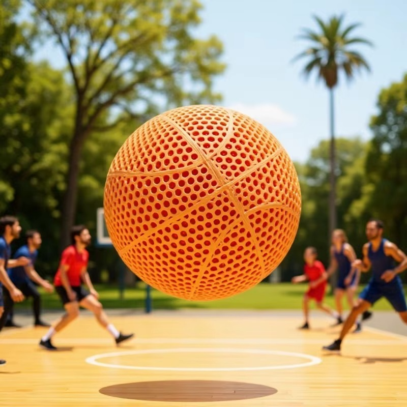 Airless Basketball in action on a court, showcasing innovative design and gameplay performance.