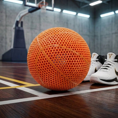 Airless Basketball showcased in an indoor court setting, featuring a vibrant orange color and a unique honeycomb design.