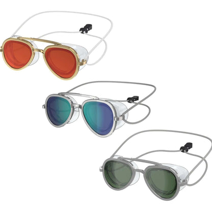 Anti Fog Swimming Goggles in orange, blue, and green lenses designed for sleek style and high performance.