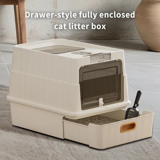 White Modern Drawer-Style Cat Litter Box with a pull-out cleaning system and a minimalist, compact design for modern homes.