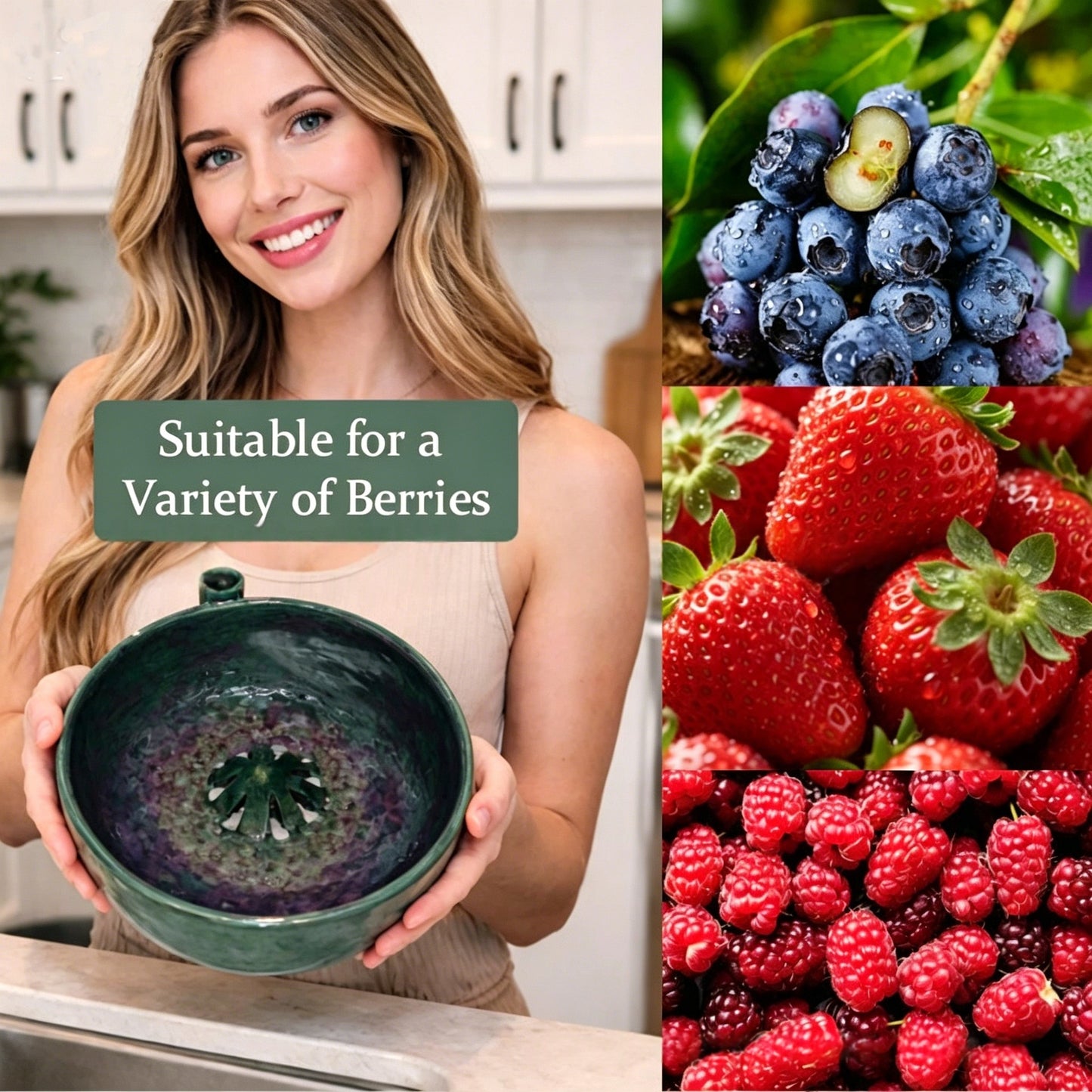 Woman showcasing Berry Vortex Washing Bowl, suitable for a variety of berries, including blueberries, strawberries, and raspberries.