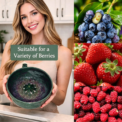 Woman showcasing Berry Vortex Washing Bowl, suitable for a variety of berries, including blueberries, strawberries, and raspberries.