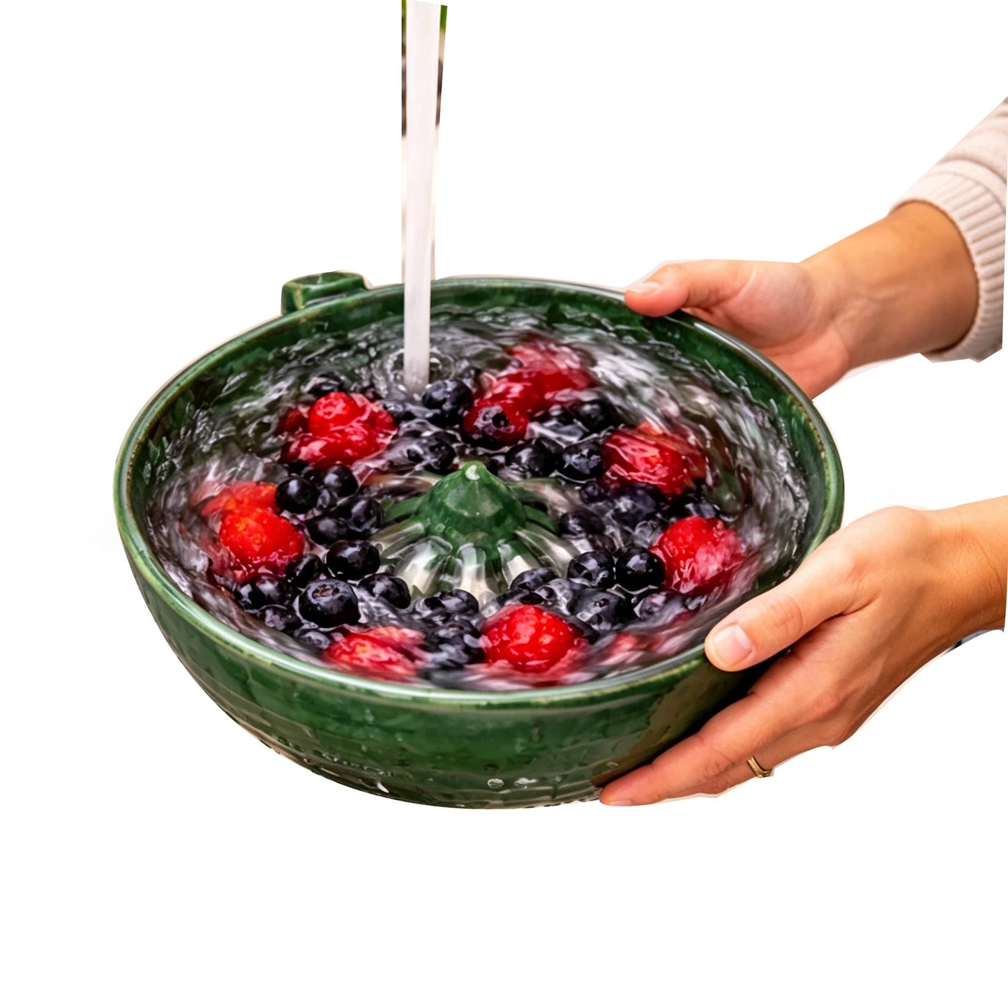 Berry Vortex Washing Bowl with fresh berries being rinsed under running water