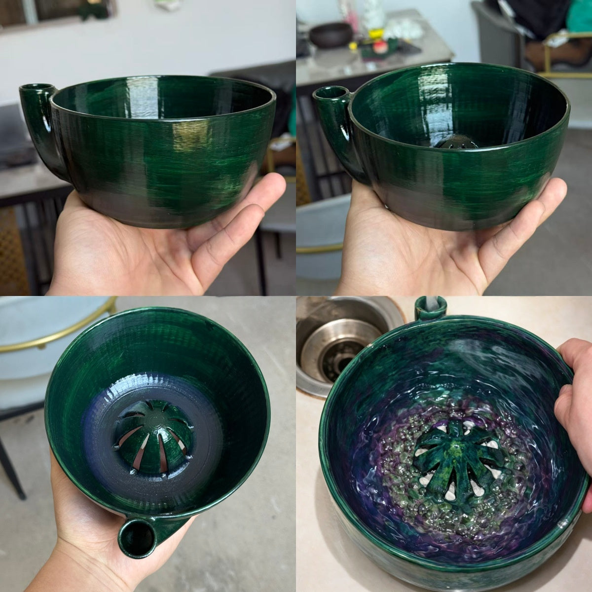 Berry Vortex Washing Bowl – VORTEX fruit cleaning strainer and washer in green, showing top, side, and interior views.