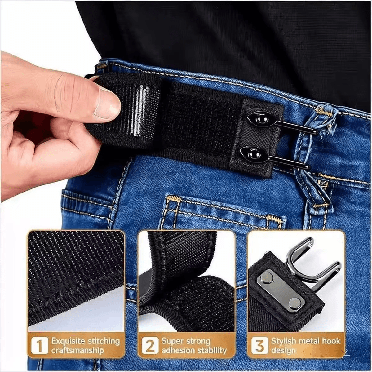 Person demonstrating Buckleless Elastic Waist Belts hook feature on denim jeans with close-up of craftsmanship.