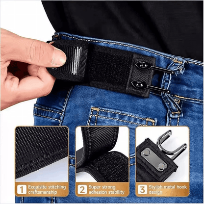 Person demonstrating Buckleless Elastic Waist Belts hook feature on denim jeans with close-up of craftsmanship.