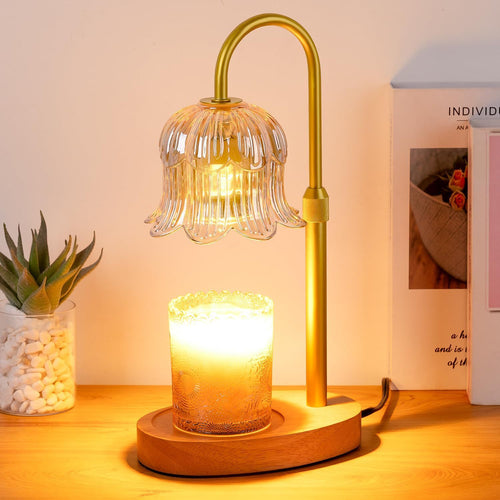 Candle warmer lamp with lily of the valley glass shade and wood base