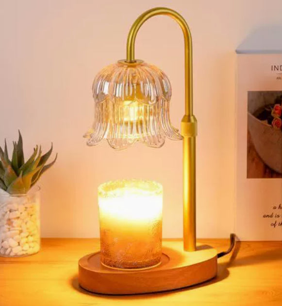 Candle warmer lamp with lily of the valley glass shade and wood base – photo 3