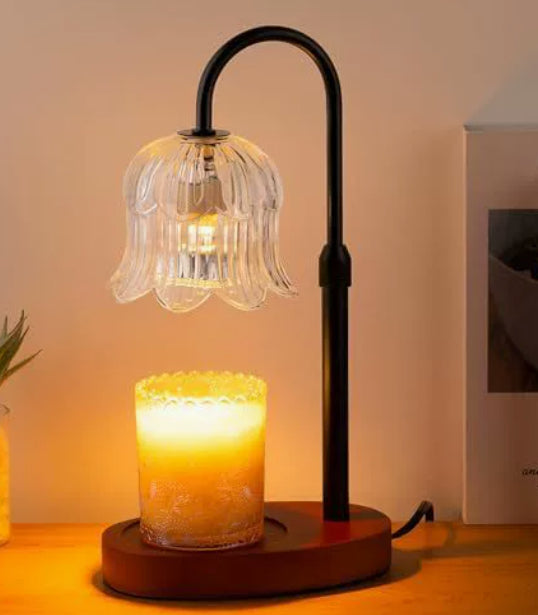 Candle warmer lamp with lily of the valley glass shade and wood base – photo 6