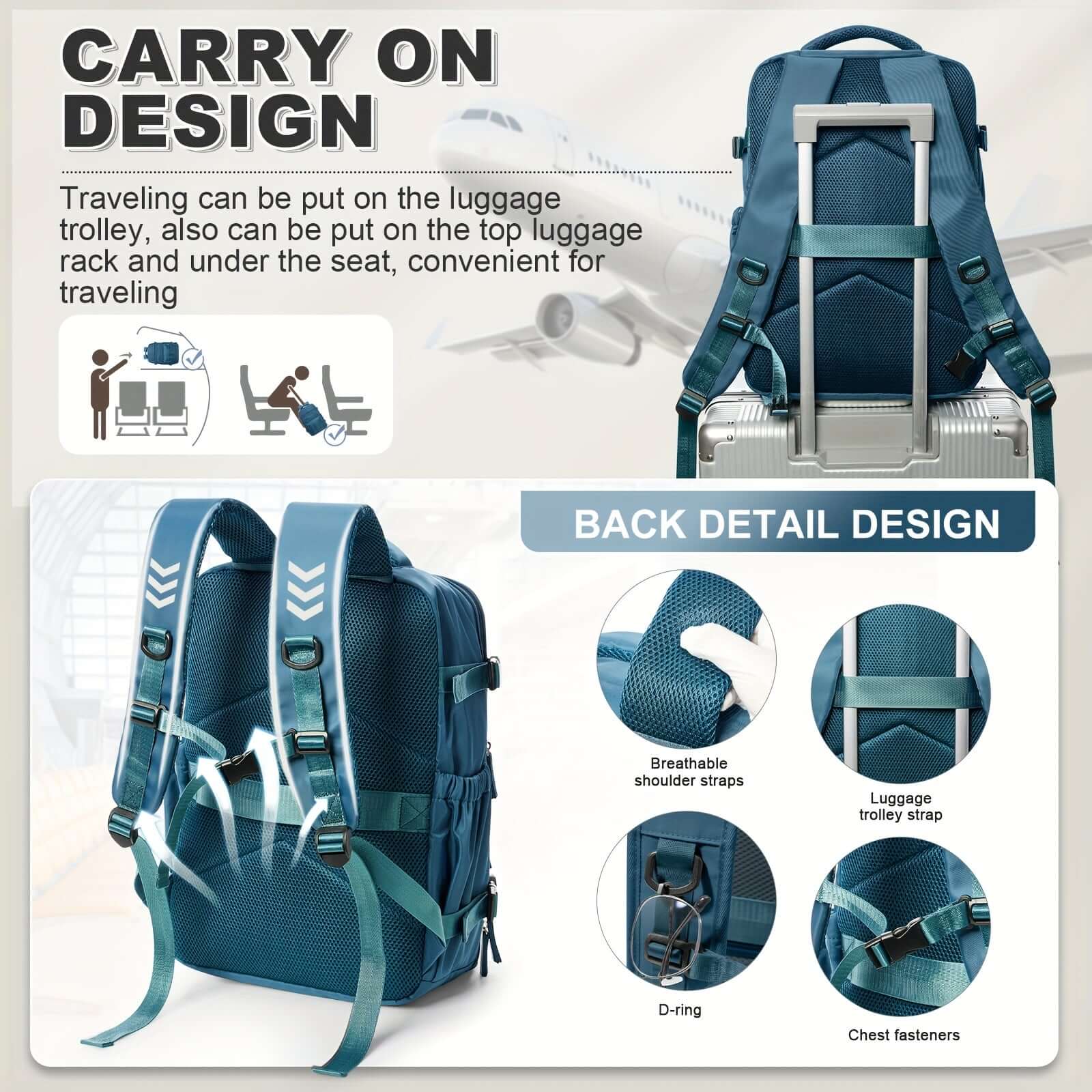 Vacuum Backpack with breathable shoulder straps and luggage trolley compatibility for convenient travel.