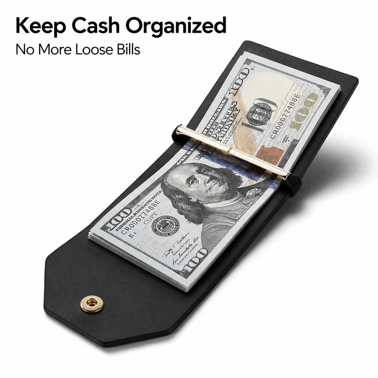 The Cash Wrap Wallet open displaying organized cash and a secure snap closure for easy access.