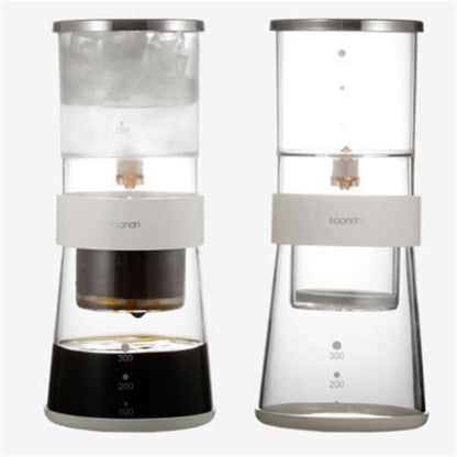 Cold drip coffee maker demonstrating portable glass ice drip system for smooth coffee extraction.
