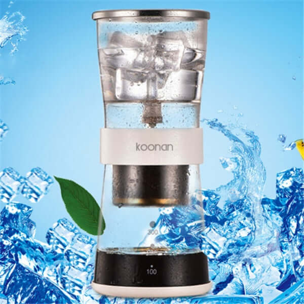 Cold drip coffee maker with ice, featuring a clear glass design and stainless steel accents, perfect for brewing cold coffee.