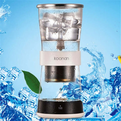 Cold drip coffee maker with ice, featuring a clear glass design and stainless steel accents, perfect for brewing cold coffee.