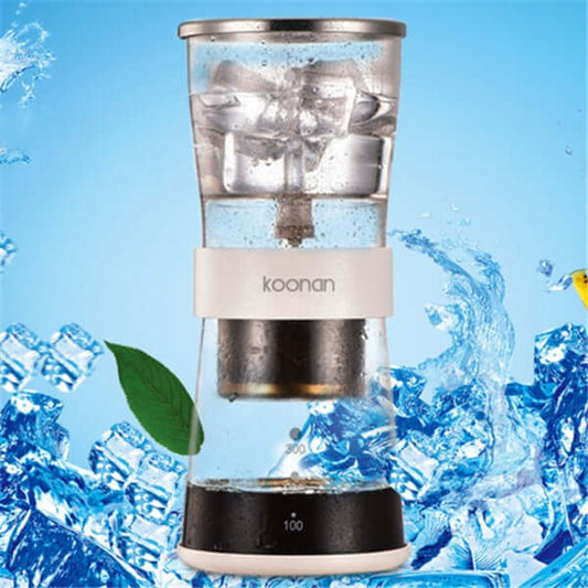 Cold drip coffee maker with ice, featuring a clear glass design and stainless steel accents, perfect for brewing cold coffee.