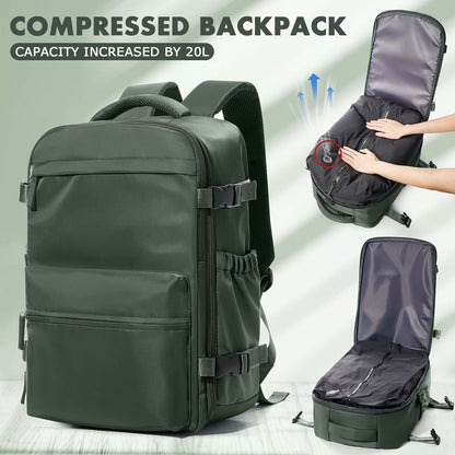 Image of a Compressed Backpack showcasing its increased capacity by 20L, ideal for travelers and outdoor enthusiasts.