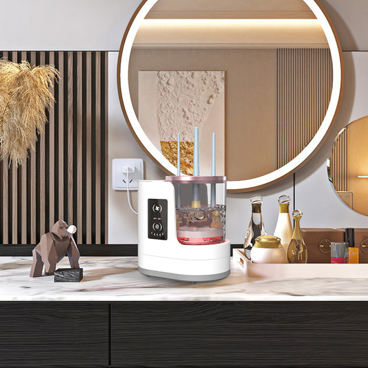 4-in-1 Electric Makeup Brush Cleaner with a sleek digital display, showing the UV sterilization chamber and brush storage compartment.
