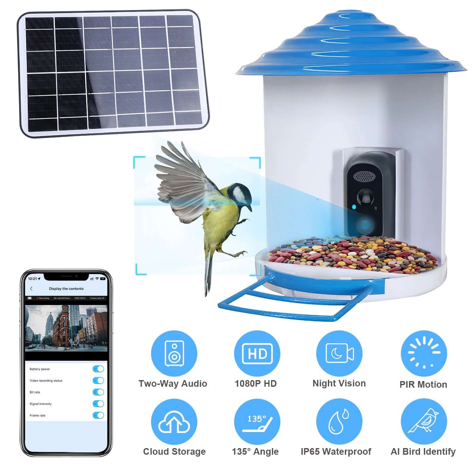 Smart AI Bird Feeder Camera with integrated solar panels and a high-definition lens, mounted in a garden setting.