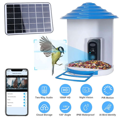 Smart AI Bird Feeder Camera with integrated solar panels and a high-definition lens, mounted in a garden setting.