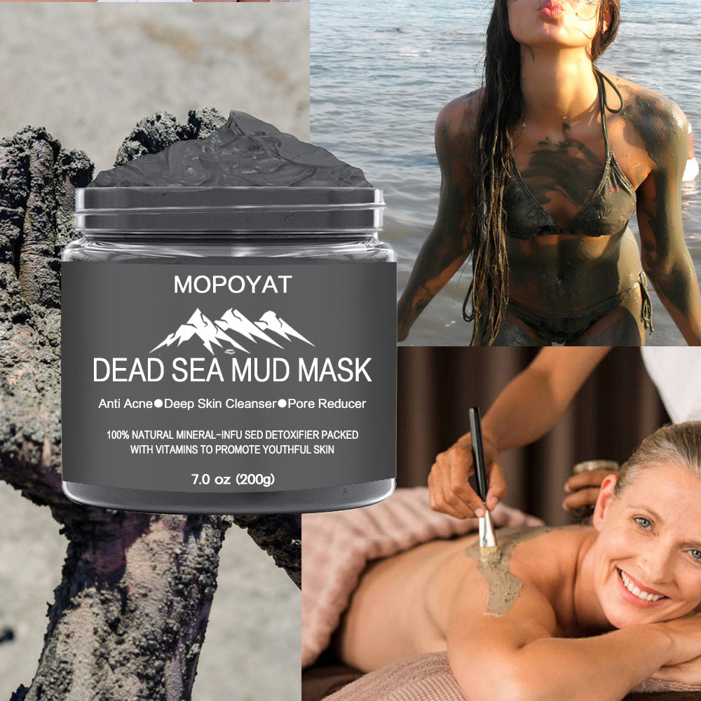 Dead Sea Mud Mask for Face and Body – The MERIDIAN Natural Clay in a jar with model applying it for skincare.