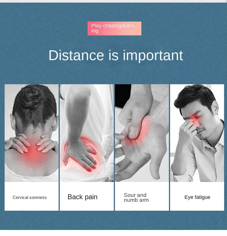 vistapane HD 12 inch screen magnifier Infographic showing the impact of distance on cervical soreness, back pain, numb arm, and eye fatigue.