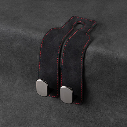 Double Hook Car Seat Hanger with luxury leather design and twin hooks for car interior organization.