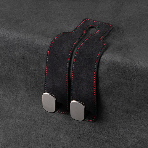 Double Hook Car Seat Hanger with luxury leather design and twin hooks for car interior organization.