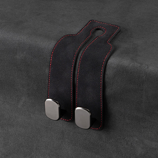 Double Hook Car Seat Hanger with luxury leather design and twin hooks for car interior organization.