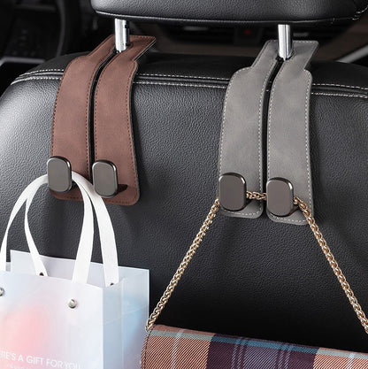 Double Hook Car Seat Hanger showcasing luxury leather and twin hooks for car organization