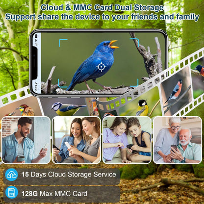 Smart AI Bird Feeder Camera with integrated solar panels and a high-definition lens, mounted in a garden setting.