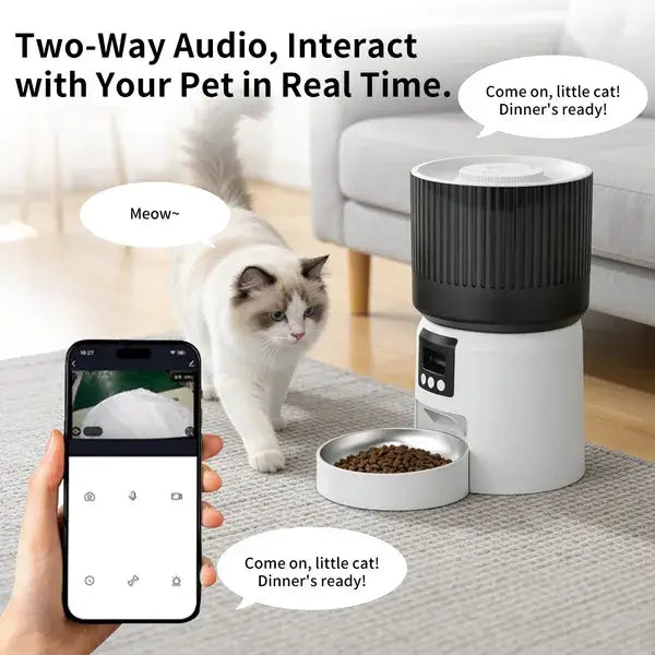 Smart Precision Pet Feeder in a minimalist white finish, showcasing the automated food dispensing tray and digital interface.